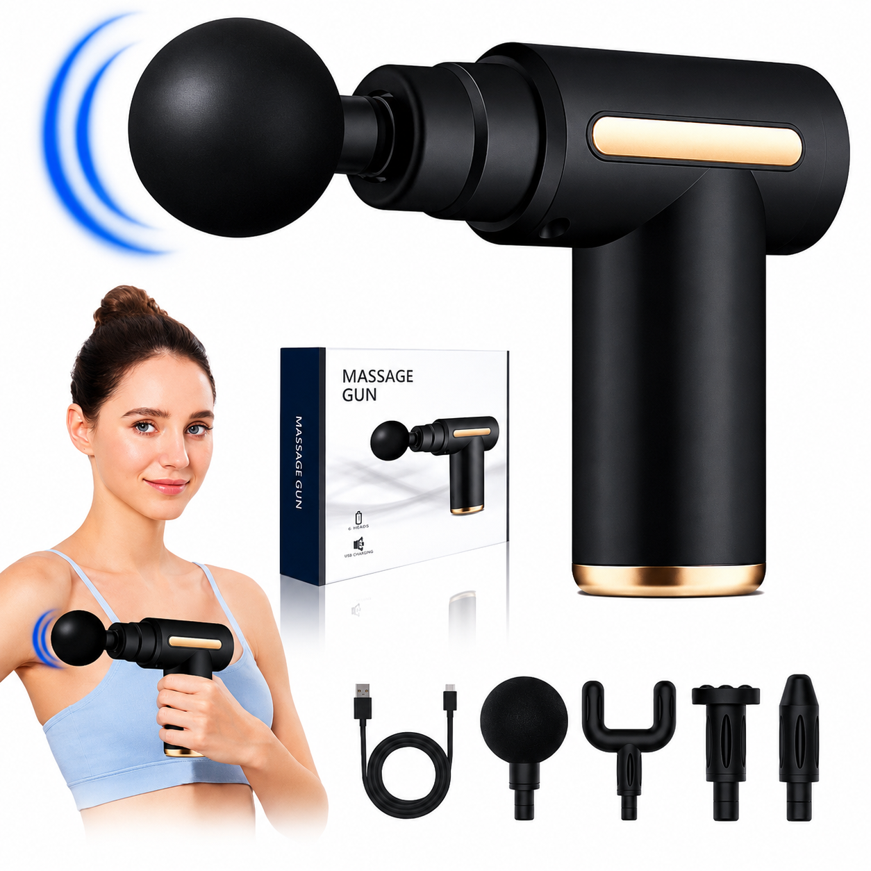 Mini Rechargeable Massage Gun with 4 Replaceable Heads